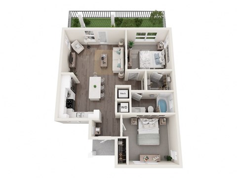 Floor plan for 2 beds, 1 bath, 857 sqft